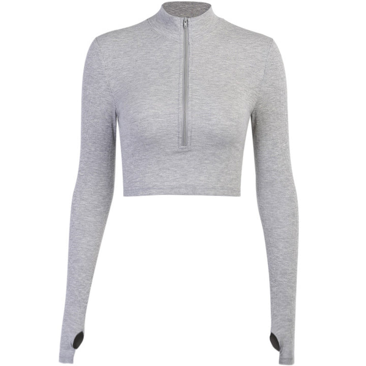 Kvinders trendy crop top med høj krave lynlås og lange ærmer Skovae