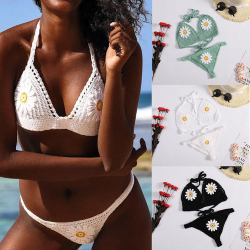 Dame hækle-bikini-sæt med florale applikationer og justerbare stropper Stilla