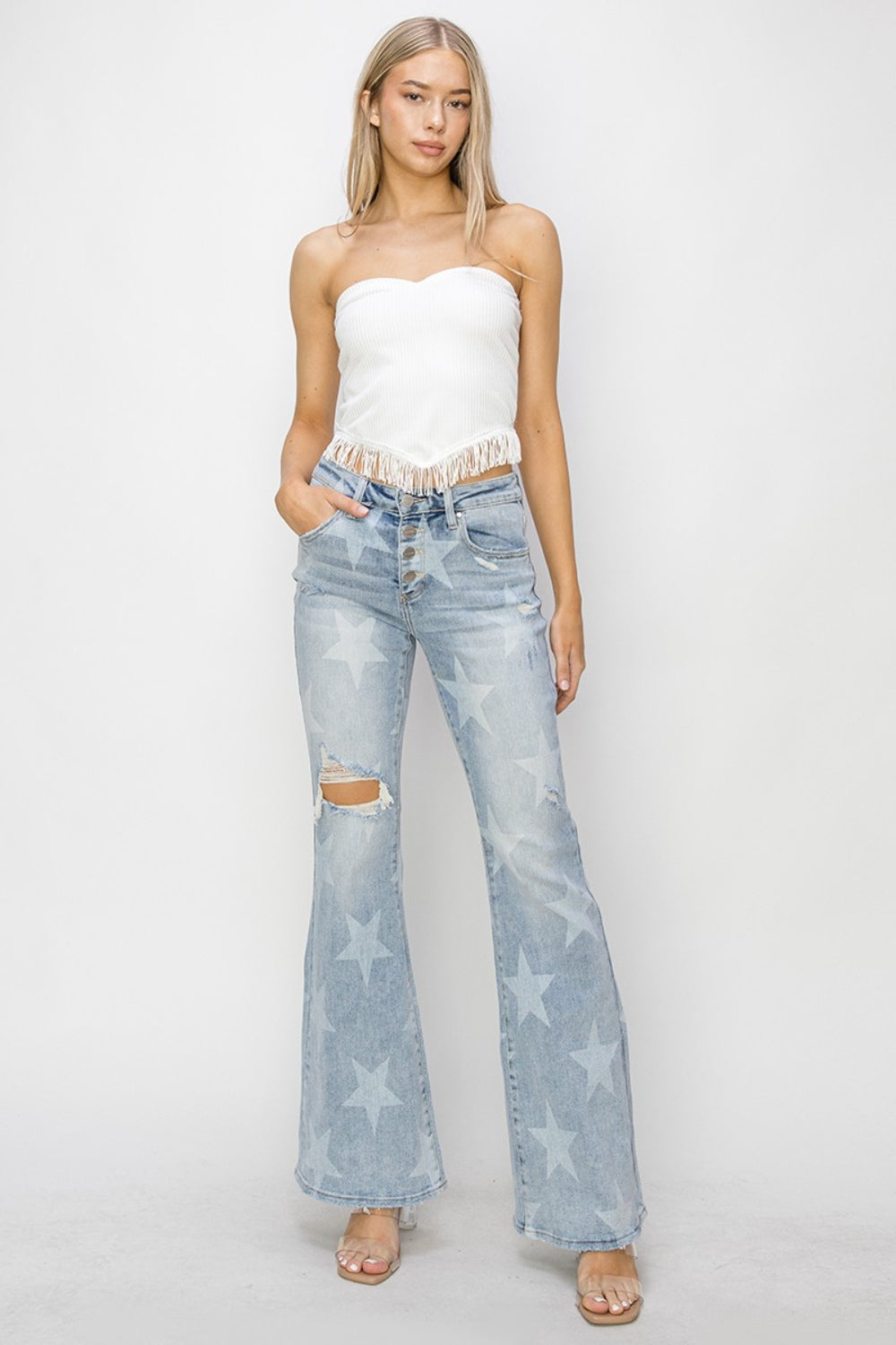 Stilla | Mellemhøj Talje Knap Gennemsigtig Start Print Flare Jeans