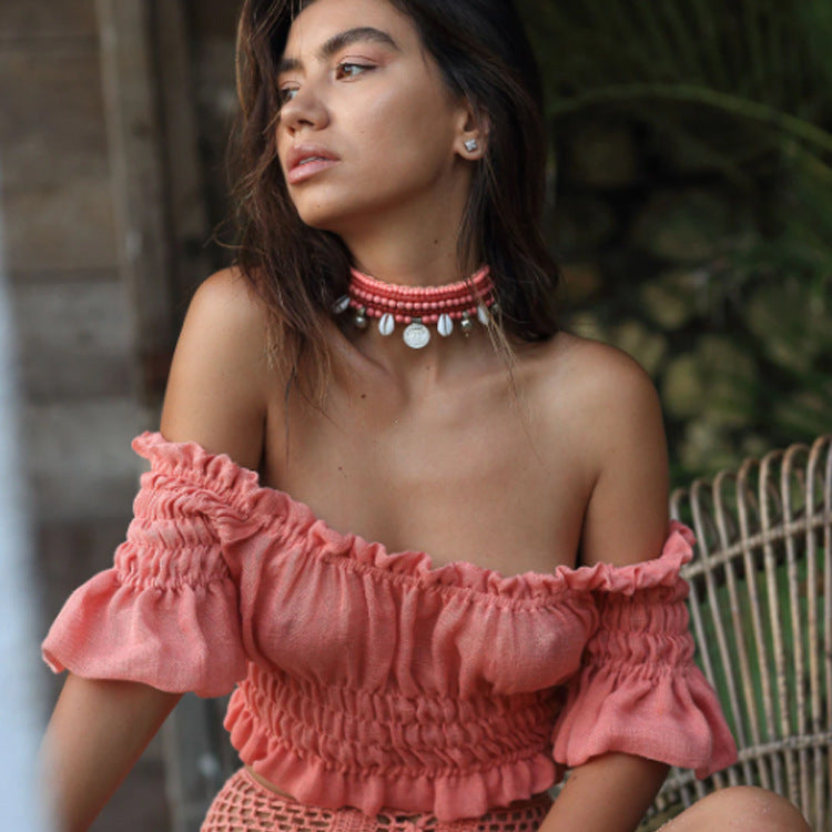 Dame Off-Shoulder Bluse med ruffles detaljer og elastisk bånd Stilla