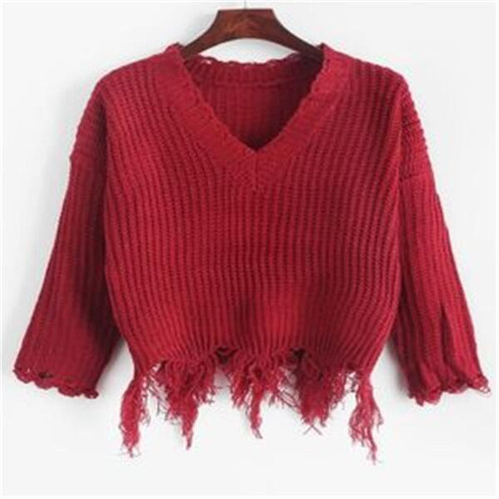 Dame afslappet V-hals pullover med frynsede kanter Stilla