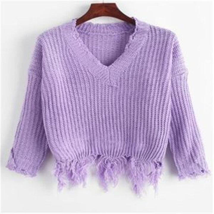 Dame afslappet V-hals pullover med frynsede kanter Stilla
