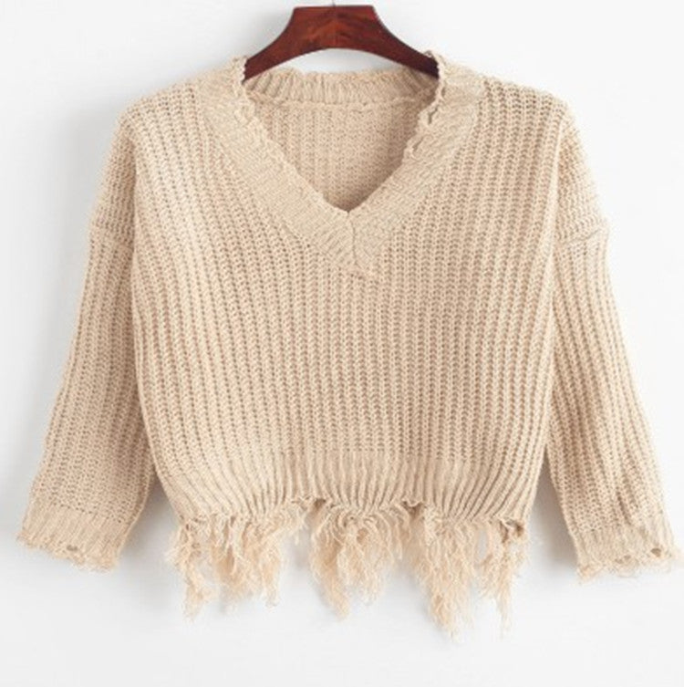 Dame afslappet V-hals pullover med frynsede kanter Stilla