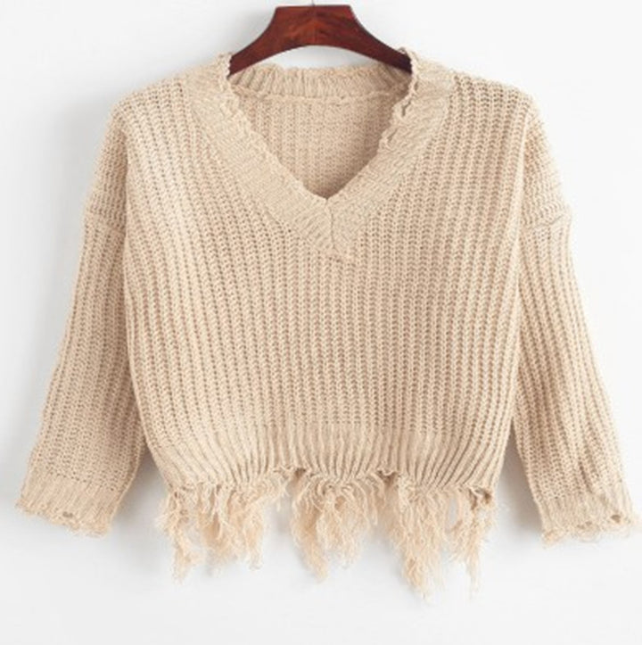 Dame afslappet V-hals pullover med frynsede kanter Stilla