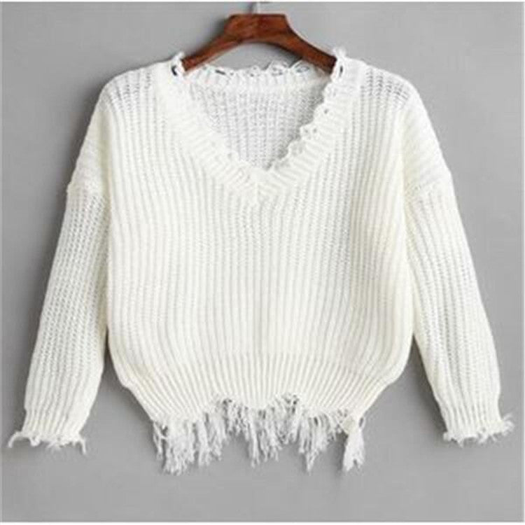 Dame afslappet V-hals pullover med frynsede kanter Stilla