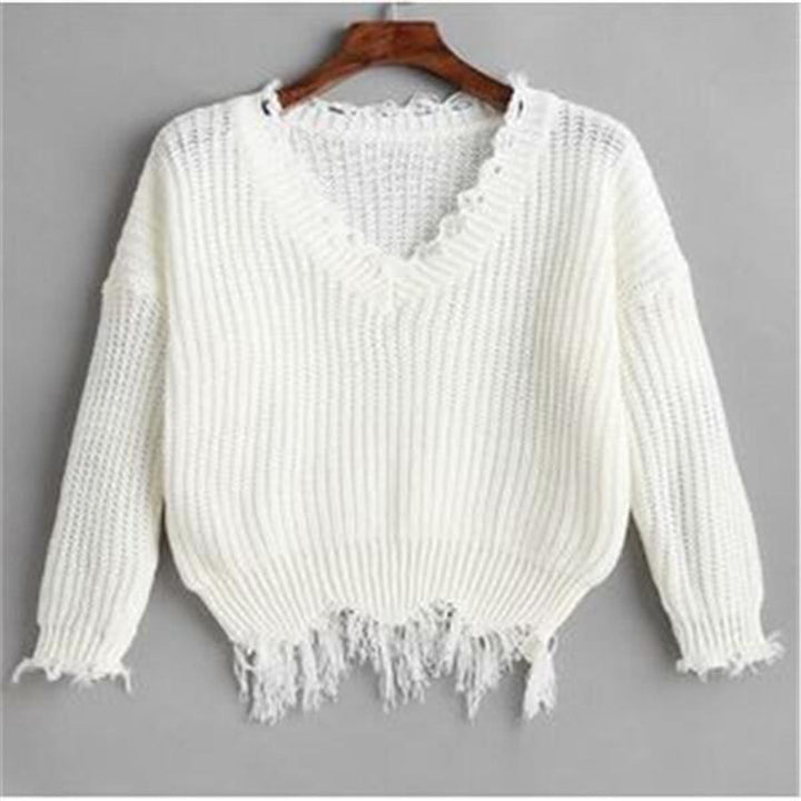 Dame afslappet V-hals pullover med frynsede kanter Stilla