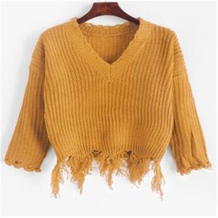 Dame afslappet V-hals pullover med frynsede kanter Stilla