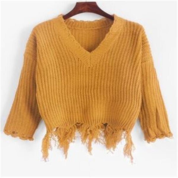 Dame afslappet V-hals pullover med frynsede kanter Stilla