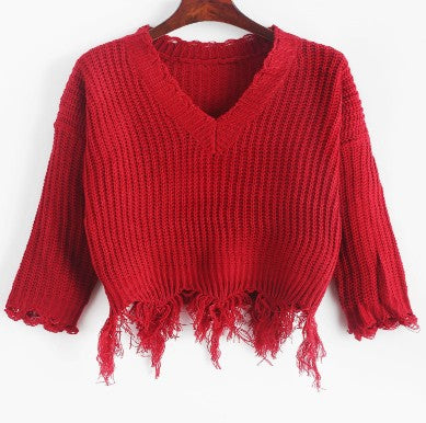 Dame afslappet V-hals pullover med frynsede kanter Stilla