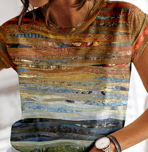 Stilla | Sommer Tjekket T-shirt Til Kvinder O-Udskæring Design