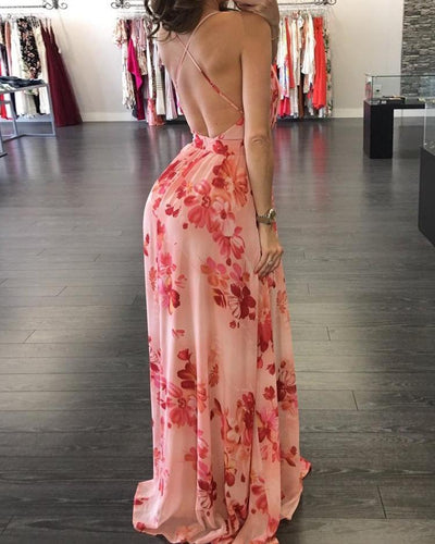 Stilla | Blomsterprint Plisseret Rygløs Slip Maxi Kjole