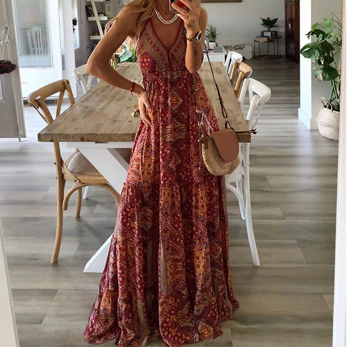 Stilla | Rød Bohemian-chic Maxi Kjole Med Tynde Stropper Og Print