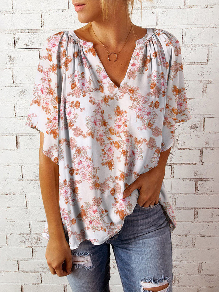 Stilla | Afslappet Floral Print V-hals Kort Ærme Overstørrelse Top Bluse