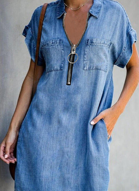 Stilla | Jeanskjole Slim Fit Med Lynlås og Krave Kjoler