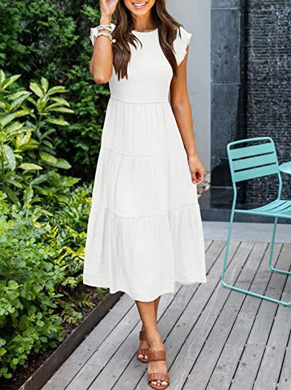 Stilla | Solid Farvet Rund Hals Cap Sleeve Løs Maxi Kjole
