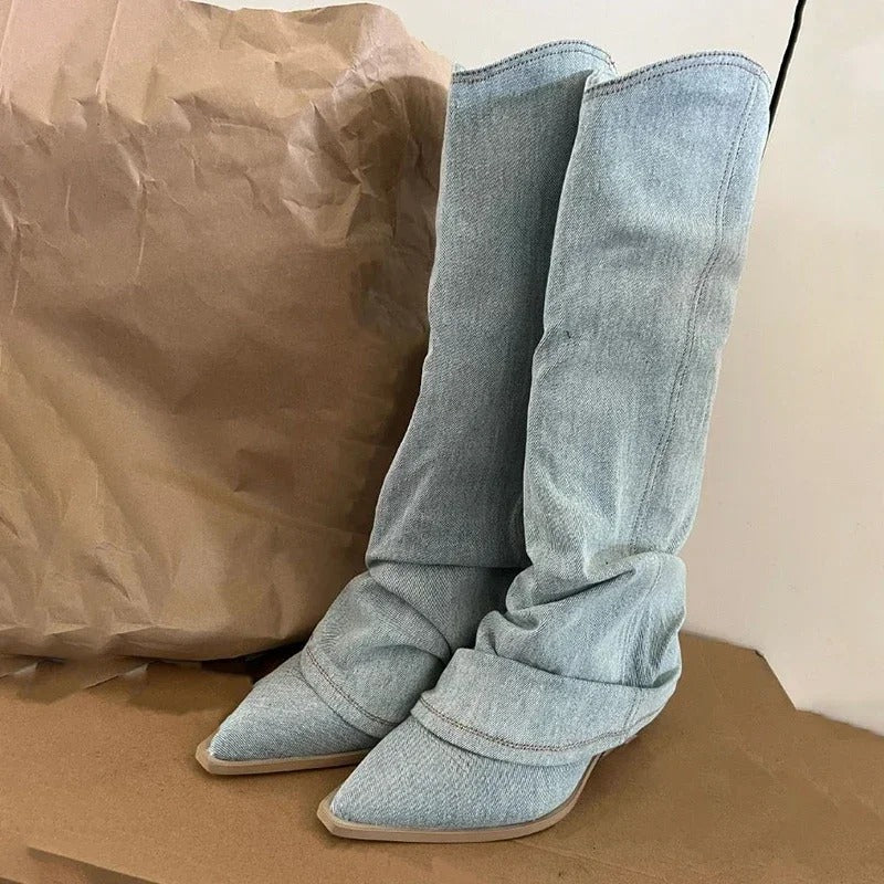 Stilla | Kvinder Knælang Denim Cowboy Støvler