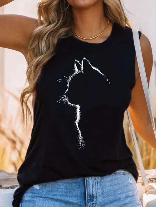 Stilla | Kat Print Rundhalset Tank Top