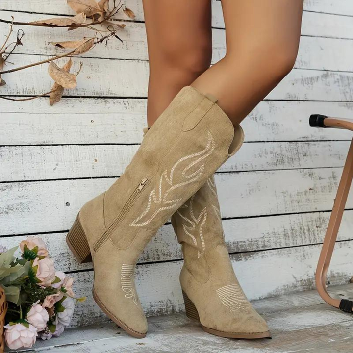 Stilla | Cowboy Støvler Retro Chunky Heel Spidse Støvler Med Stilfuld Sidelukning