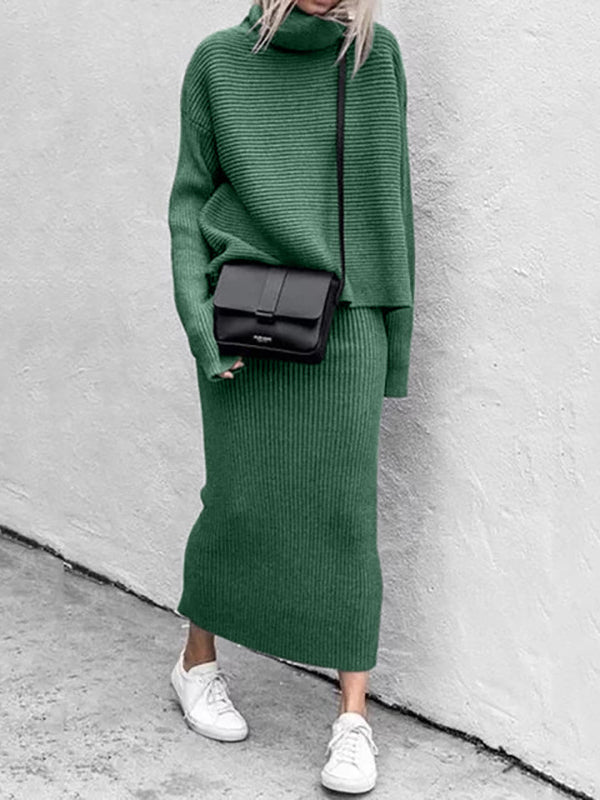 Stilla | Delt Outfit Solid Langærmet Turtleneck Striktrøje Og Bodycon Midi Nederdel Sæt