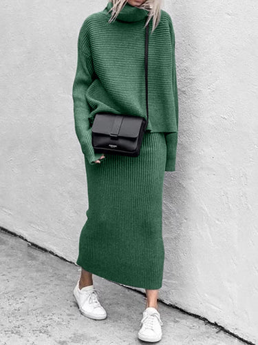 Stilla | Delt Outfit Solid Langærmet Turtleneck Striktrøje Og Bodycon Midi Nederdel Sæt