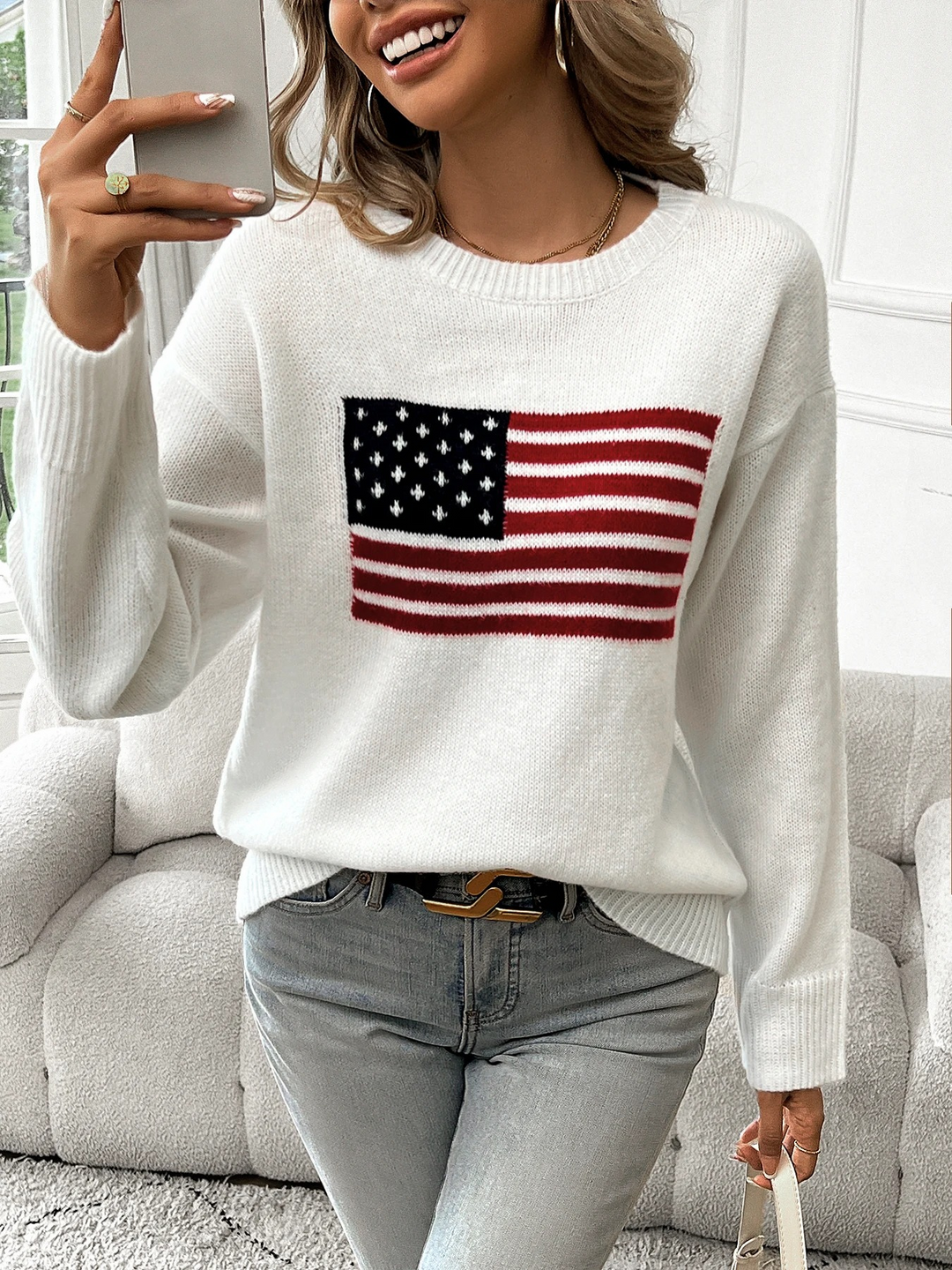 Stilla | Løs Pullover Med Amerikansk Flagermønster Pullover Til Damer