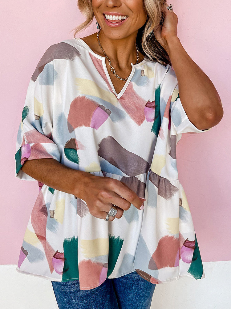 Stilla | Elegant V-hals 3/4 Ærme Plisseret Trykt Løs Bluse Top
