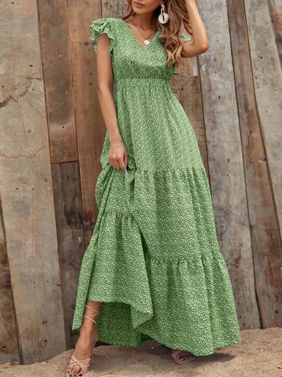 Stilla | Ruffle Sleeve Høj Talje V-hals Maxi Kjole