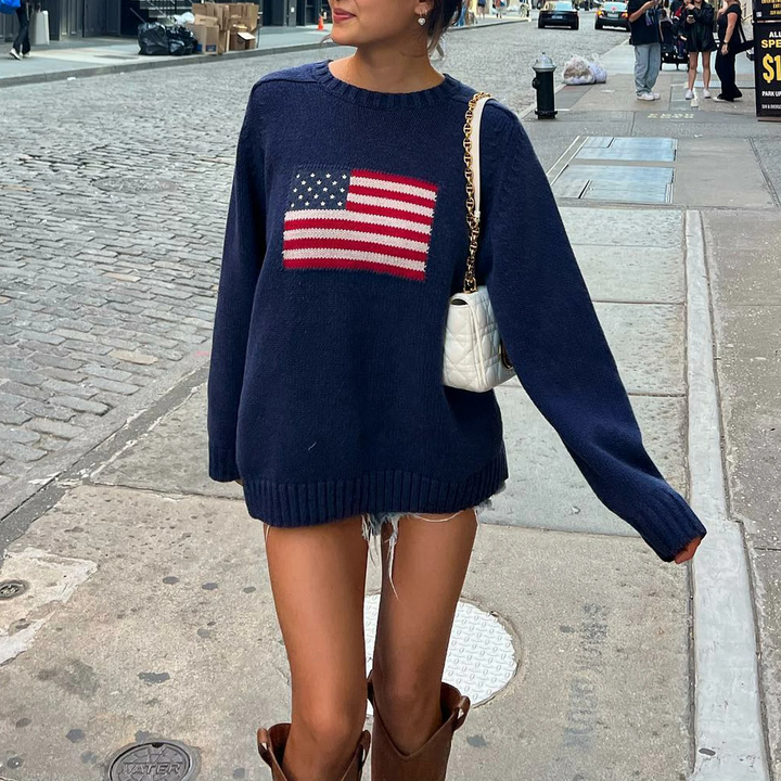 Stilla | Strikpullover med amerikansk flag.
