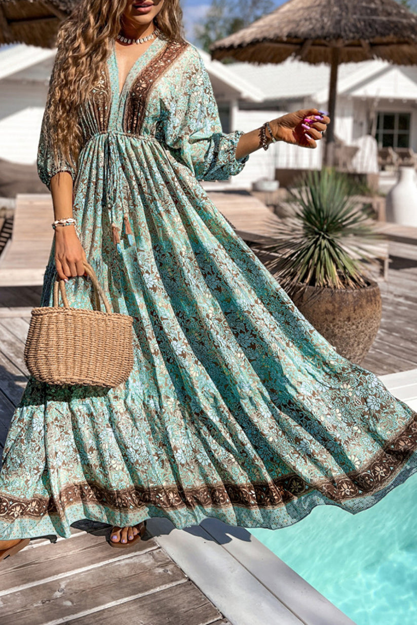Stilla | Boho Maxikjole Med Blomstermønster, Åben Ryg Og Høj Talje