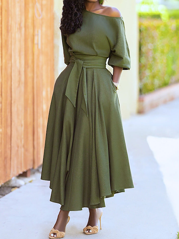 Stilla | Off Shoulder Korte Ærmer Talje Binde Maxi Kjole