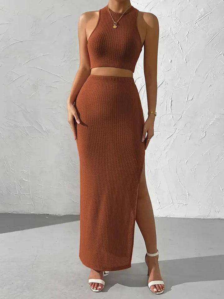 Stilla | Ærmeløs Crop Top Med Maxi Nederdel Strikket Sæt