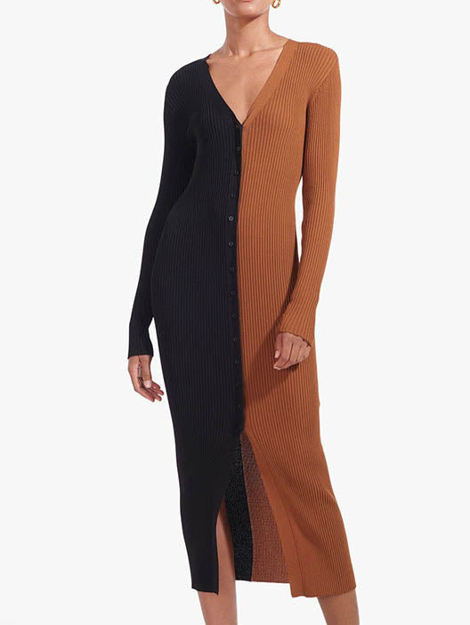 Stilla | Afslappet V-hals Bodycon Front Split Strik Trøje Kjole