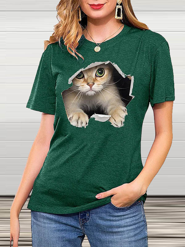 Stilla | Crew Neck Korte Ærmer Kat Print T-shirt