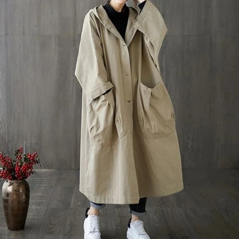 Stilla | Trenchcoat Plus Size Lang Længde Med Hætte Store Lommer