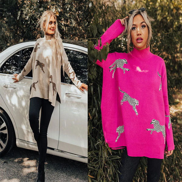 Stilla | Lækkert Retro Overdel Med Lange Ærmer, Trykt Med Leopard og Tiger Motiv
