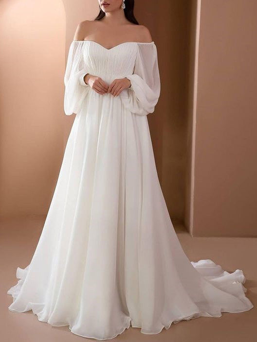 Stilla | Off Shoulder Langærmet Hvid Brudekjole