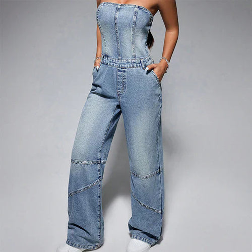 Stilla | Skulderfri Denim Jumpsuits