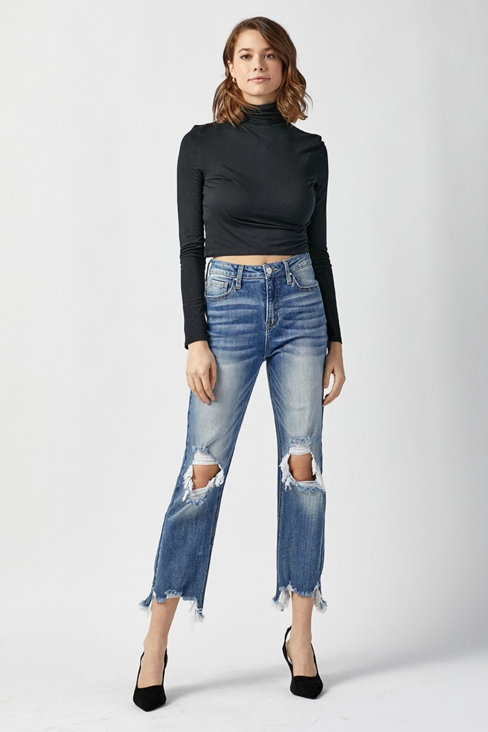 Stilla | Høj Talje Distressed Flæset Kante Cropped Straight Jeans