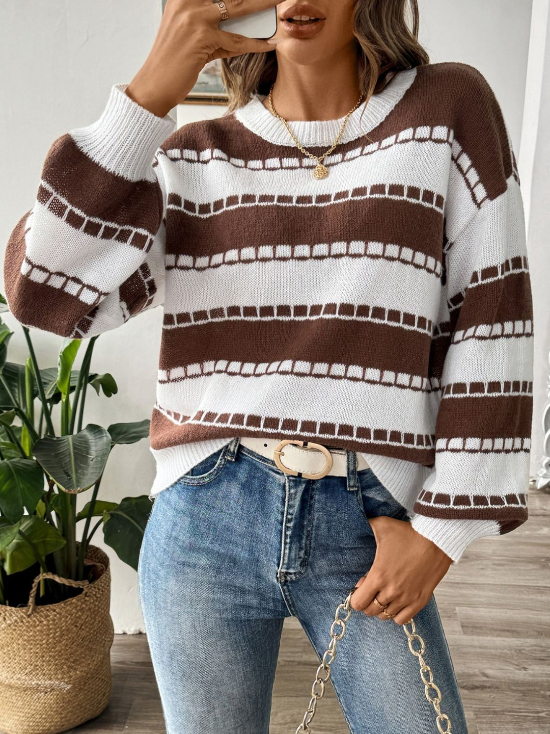 Stilla | Stribet Sweater Med Lange Ærmer og Rund Halsudskæring