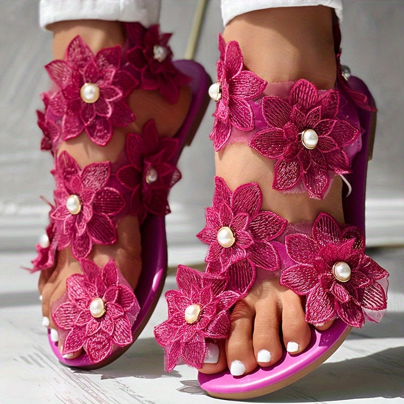 Stilla | Dame Blomster Sandaler På Platform, Slip on Med Perler Og Strap På Tå