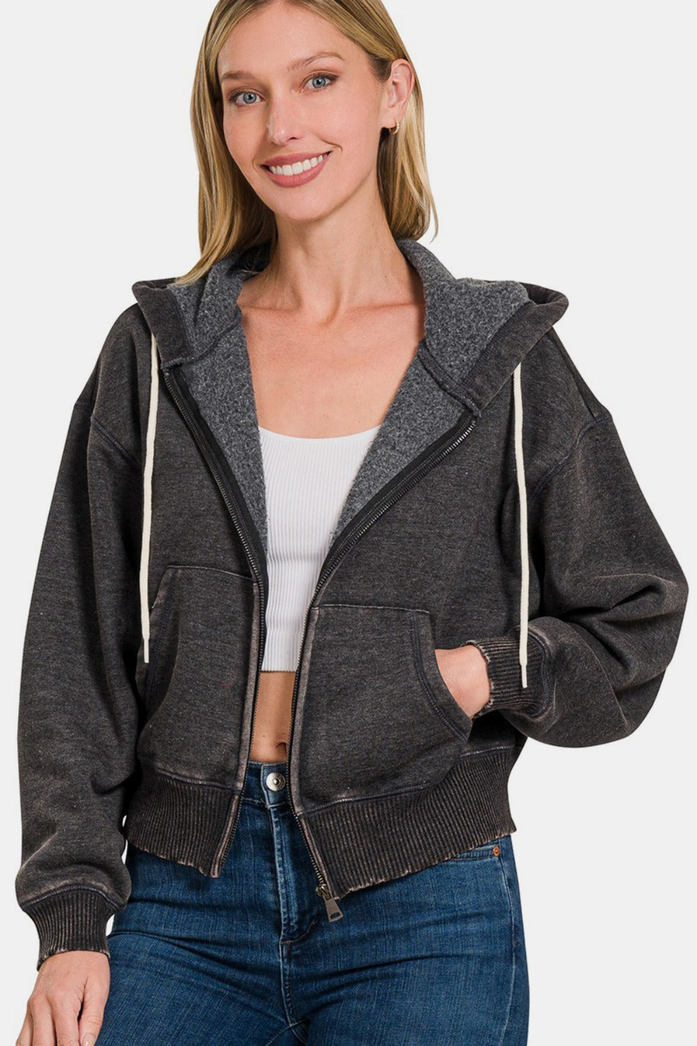 Stilla | Sweatjakke Med Hætte Af Acid Washed Fleece Med Lynlås