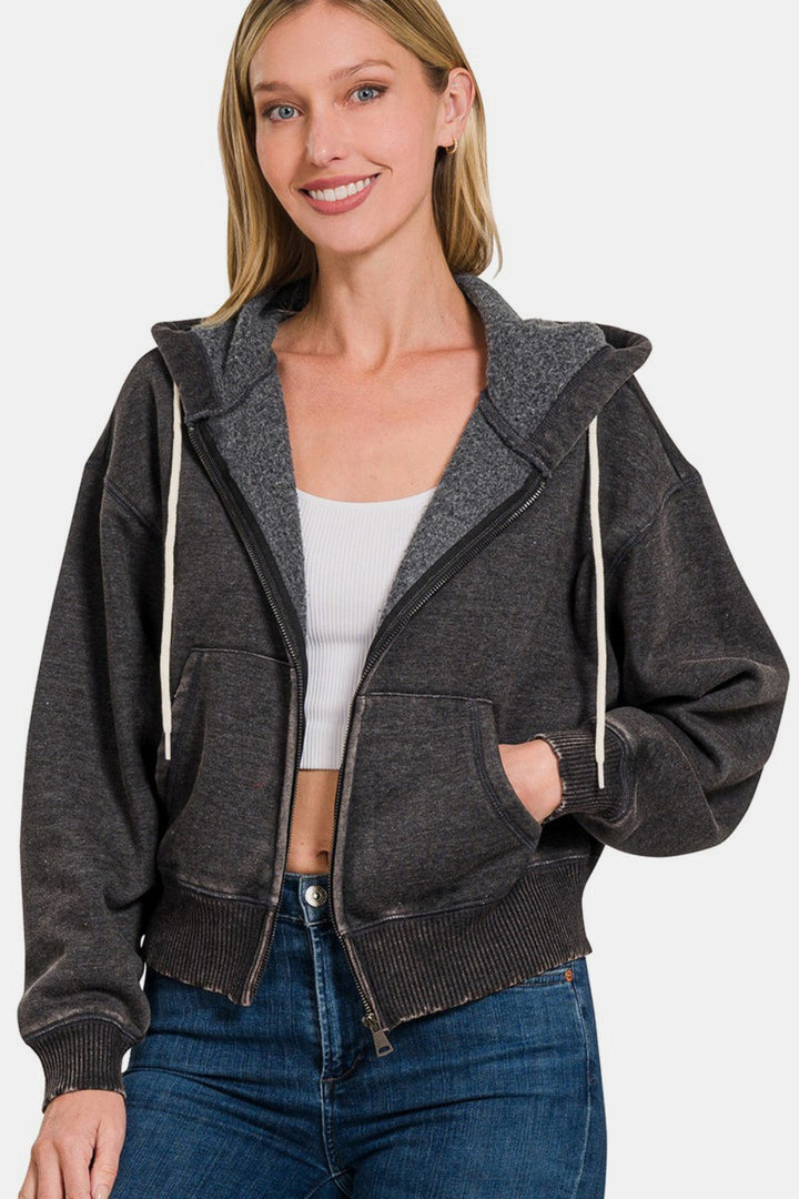 Stilla | Sweatjakke Med Hætte Af Acid Washed Fleece Med Lynlås