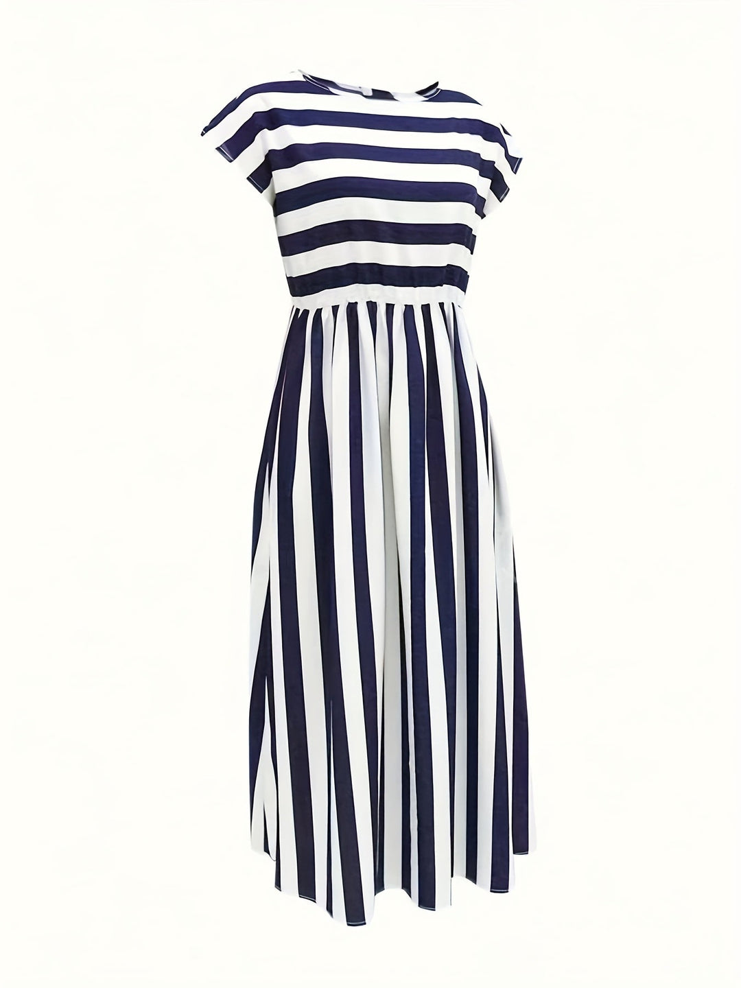 Stilla | A-Line Kjole Striber Navy Blue & Hvid Korte Ærmer Høj Talje