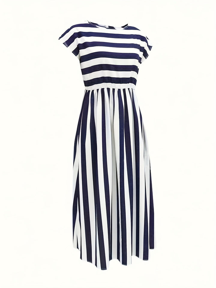 Stilla | A-Line Kjole Striber Navy Blue & Hvid Korte Ærmer Høj Talje