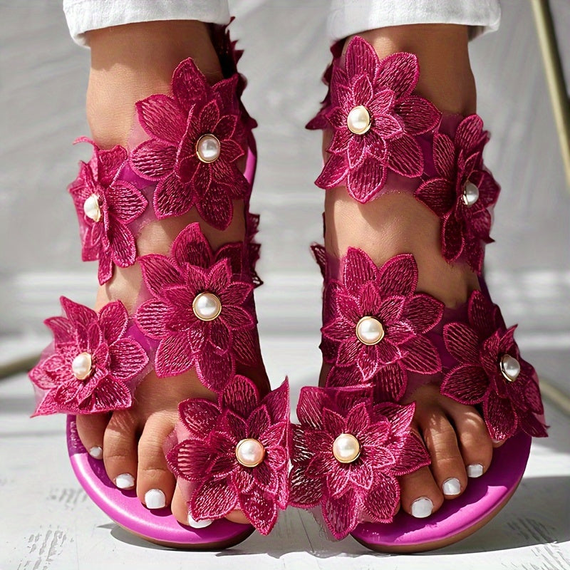 Stilla | Dame Blomster Sandaler På Platform, Slip on Med Perler Og Strap På Tå