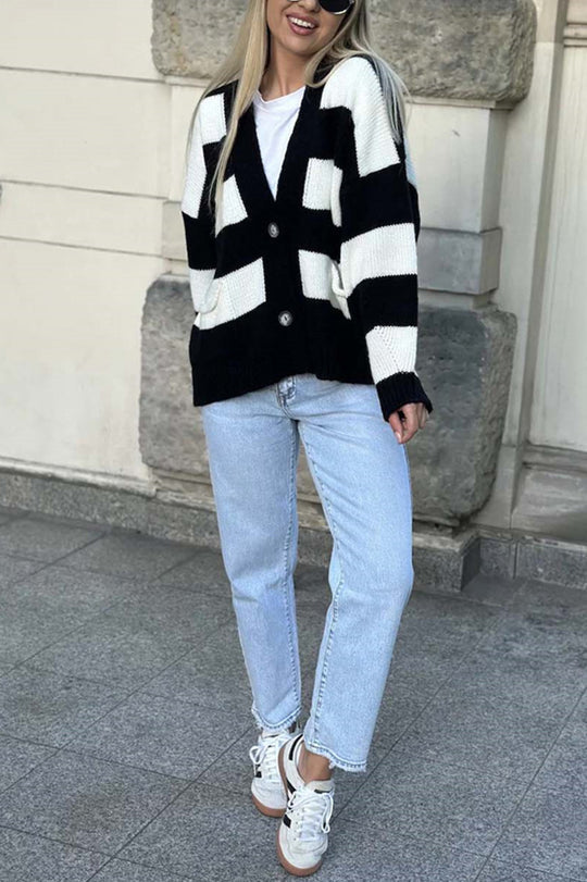 Stilla | Stribet Casual Cardigan Med Lange Ærmer, Lommer Og V-udskæring