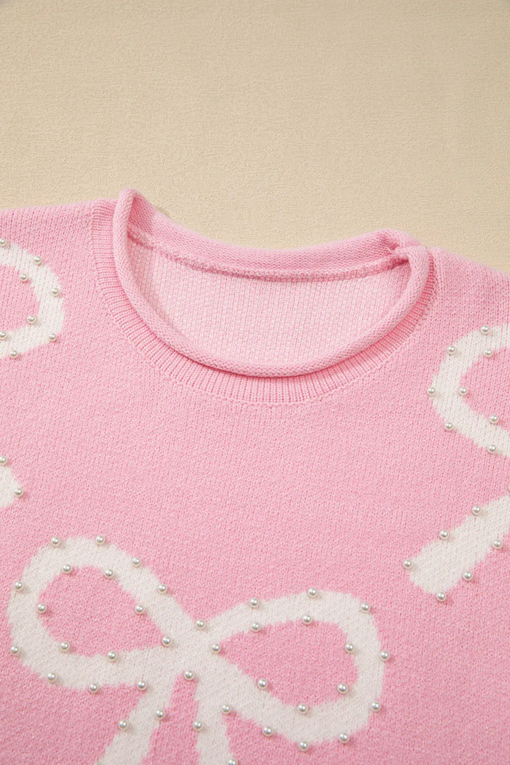 Stilla | Rundhalset Pullover Med Lange Ærmer og Perler samt Sløjfedetalje