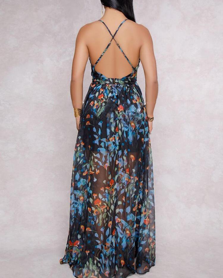 Stilla | Blomsterprint Plisseret Rygløs Slip Maxi Kjole