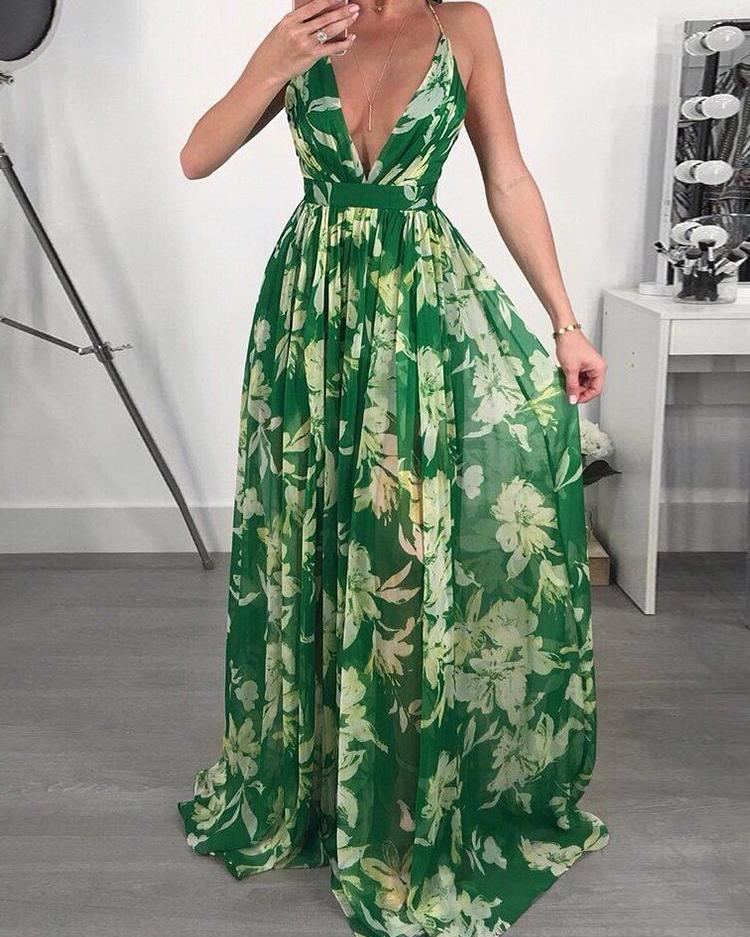 Stilla | Blomsterprint Plisseret Rygløs Slip Maxi Kjole