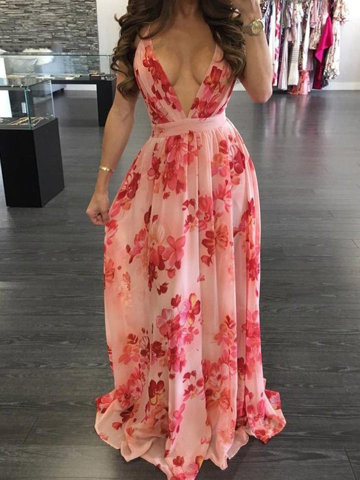 Stilla | Blomsterprint Plisseret Rygløs Slip Maxi Kjole